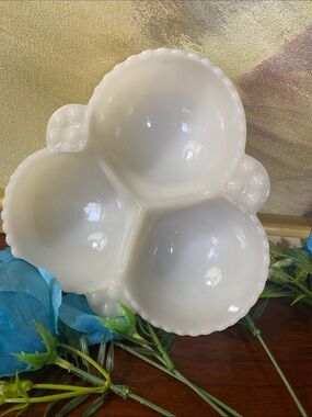 Fenton Hobnail Milk Glass Three Section Candy/Relish Dish 1950-1960.